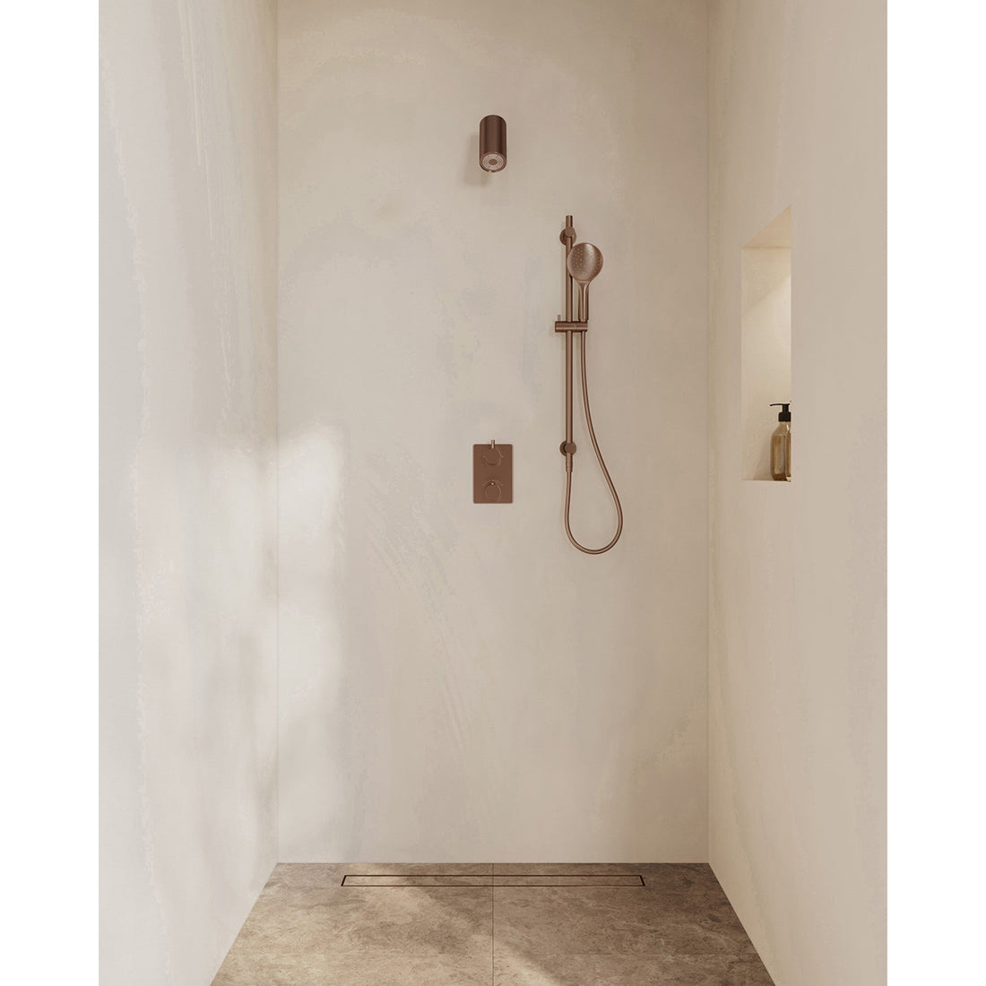 Wiesbaden Caral inbouw regendoucheset thermostatisch 2-weg rechthoekig met Beam hoofddouche, glijstang en 3-standen handdouche Geborsteld brons koper - sfeerfoto set