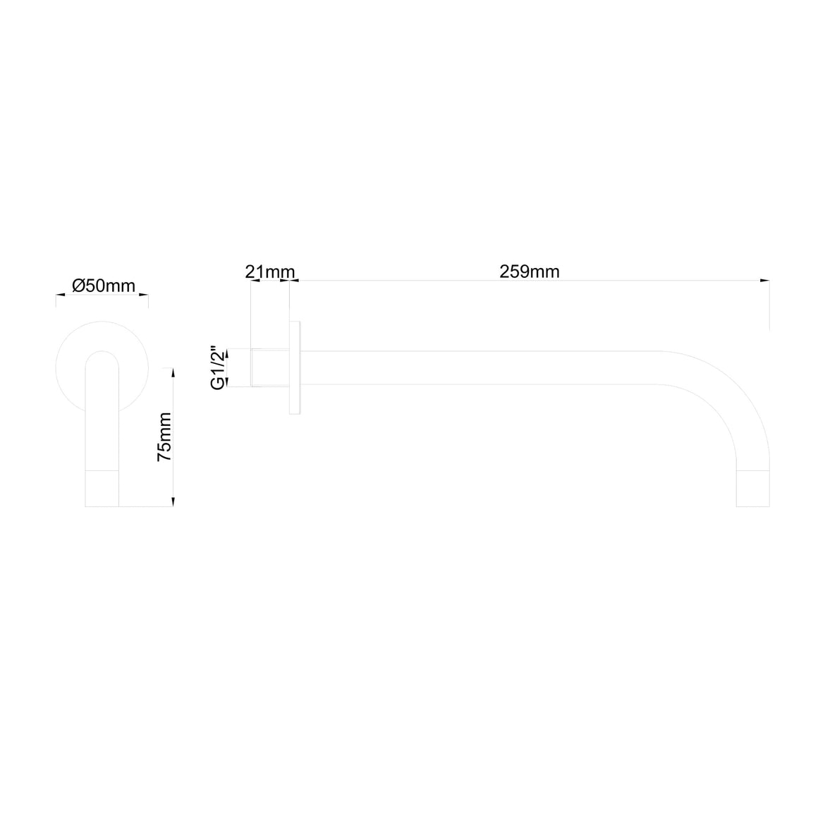 Wiesbaden Slim uitloop rond Mat zwart - technische tekening
