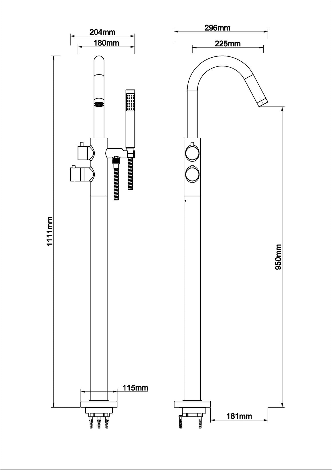 Wiesbaden Caral thermostatische badmengkraan vrijstaand mat zwart - technische tekening