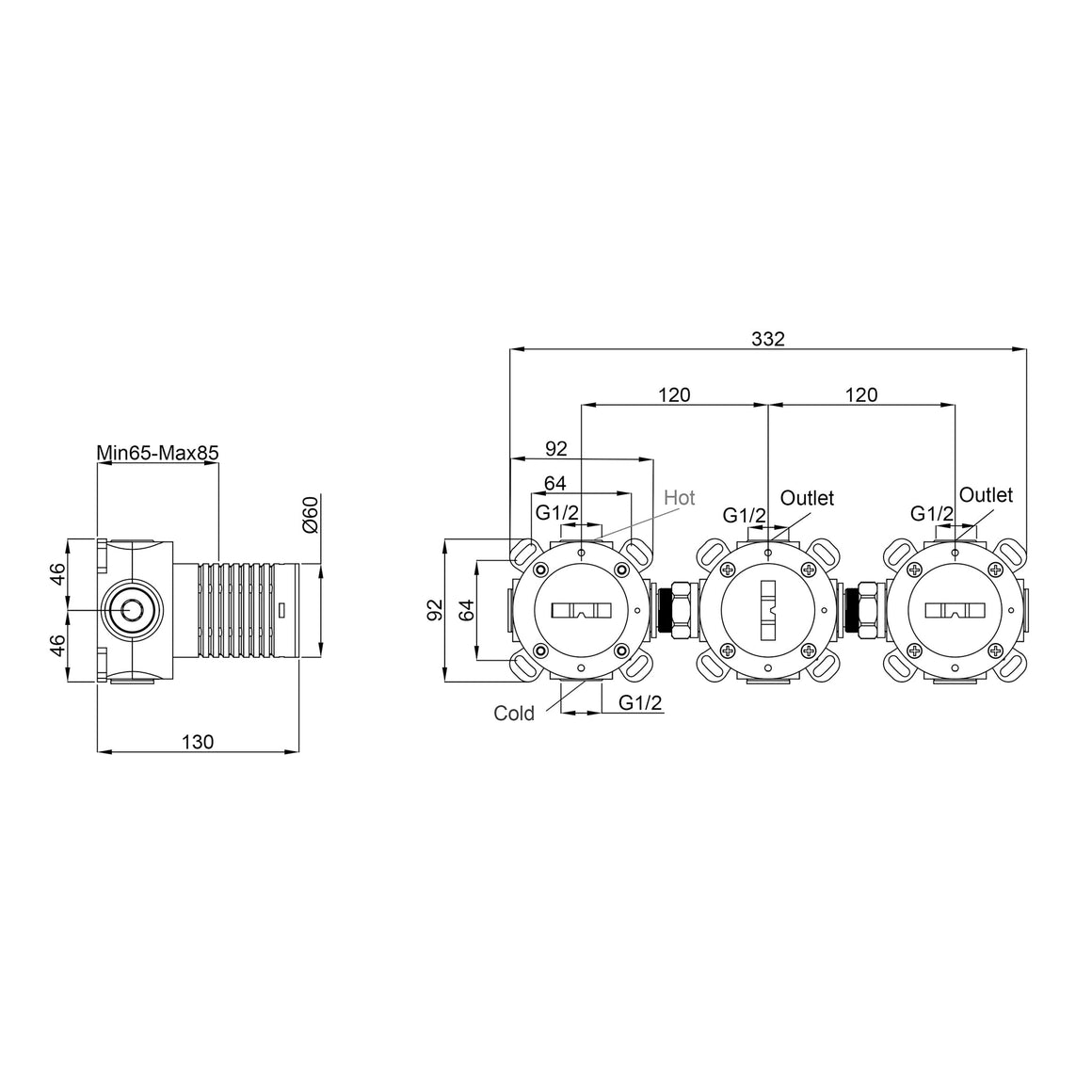Wiesbaden Caral inbouwdeel thermostatische douchekraan met 2 stopkranen - technische tekening