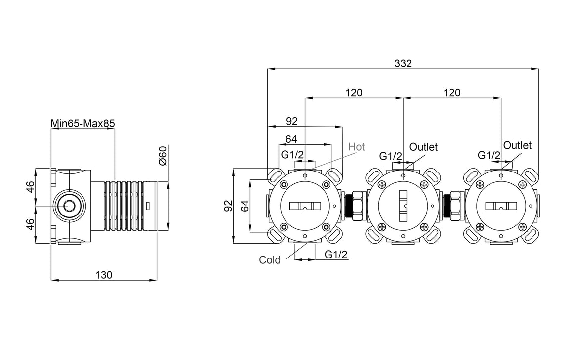 Wiesbaden Caral inbouwdeel thermostatische douchekraan met 2 stopkranen - technische tekening
