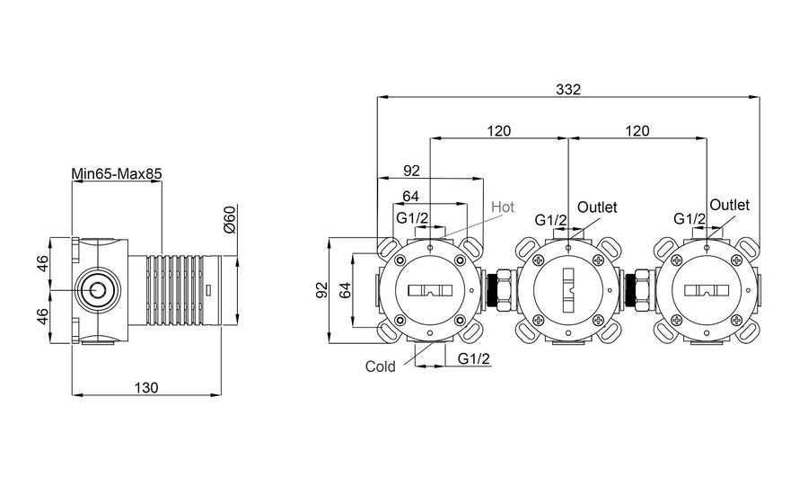 Wiesbaden Caral inbouwdeel thermostatische douchekraan met 2 stopkranen - technische tekening