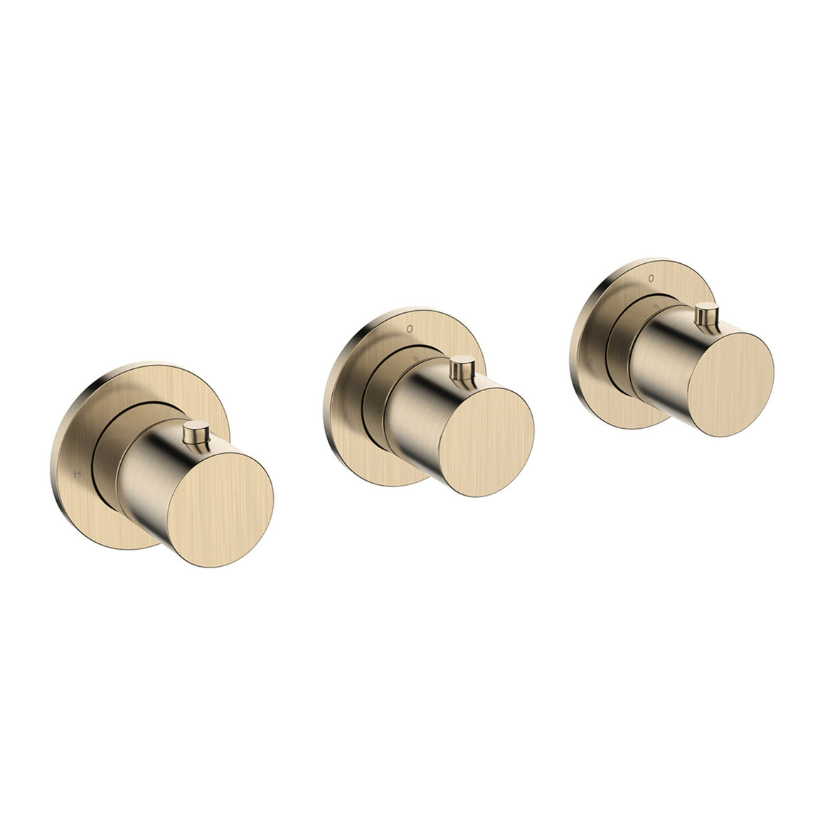 Wiesbaden Caral inbouw badthermostaatset met 2 stopkranen, baduitloop en 3-standen handdouche Geborsteld messing - productfoto
