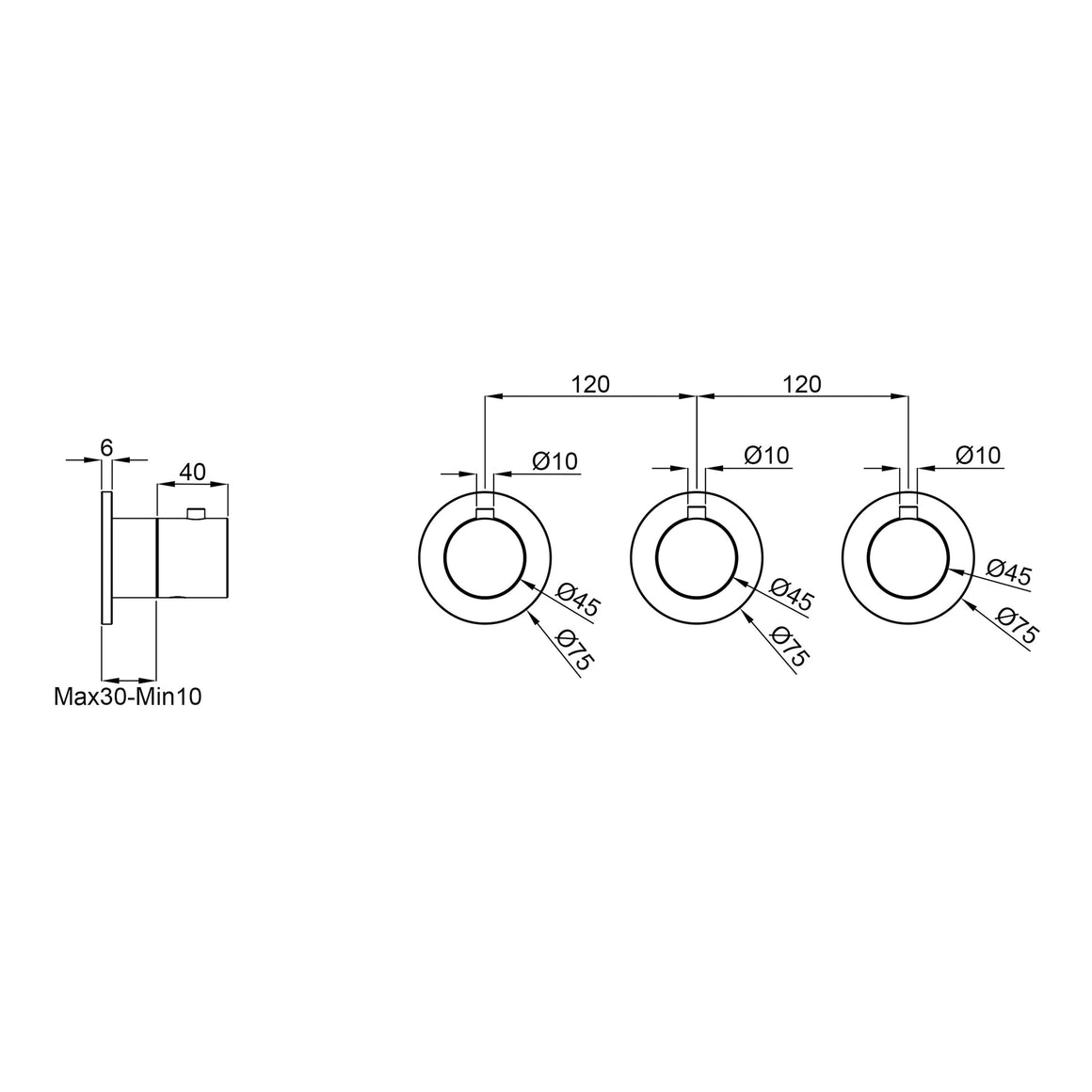 Wiesbaden Caral afbouwdeel thermostatische douchekraan 2 stopkranen brons koper PVD - technische tekening