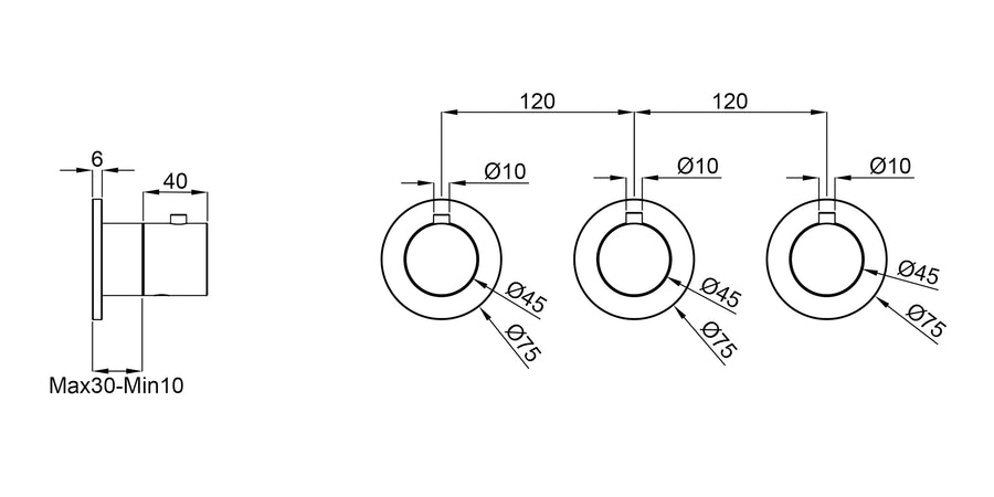 Wiesbaden Caral afbouwdeel thermostatische douchekraan 2 stopkranen brons koper PVD - technische tekening