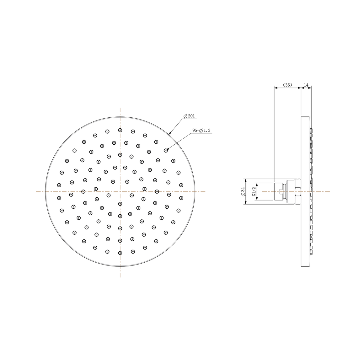 Wiesbaden UniMatch hoofddouche rond 20 x 1,2 cm / Mat zwart - technische tekening