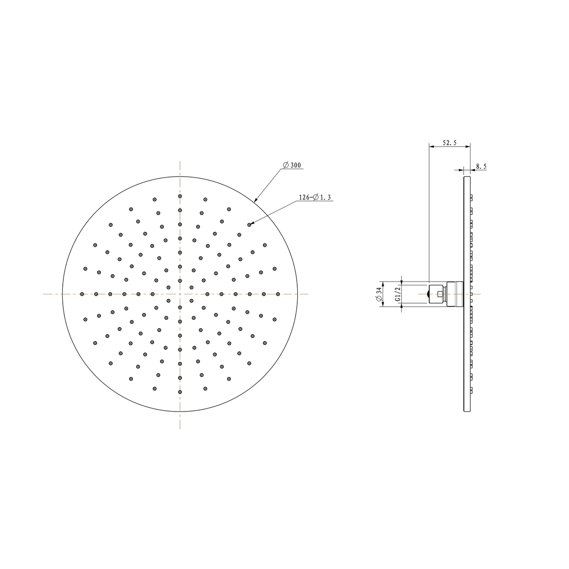 Wiesbaden UniMatch hoofddouche rond 30 x 0,8 cm / Mat zwart - technische tekening