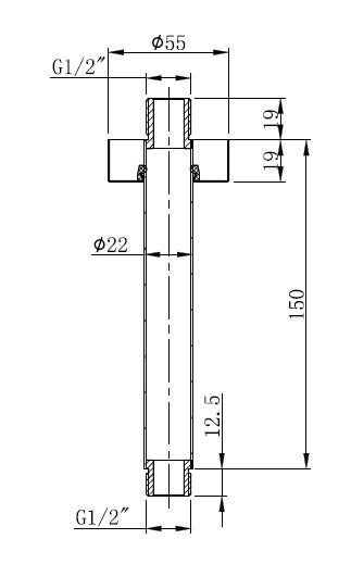 Wiesbaden UniMatch douchearm met plafondbevestiging 15 cm / Mat zwart - technische tekening