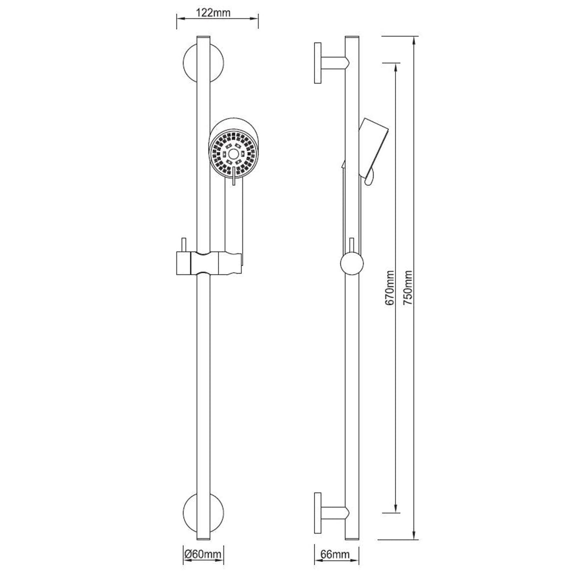 Wiesbaden UniMatch Cadans glijstangset Mat zwart - technische tekening