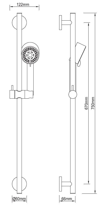 Wiesbaden UniMatch Cadans glijstangset Mat zwart - technische tekening