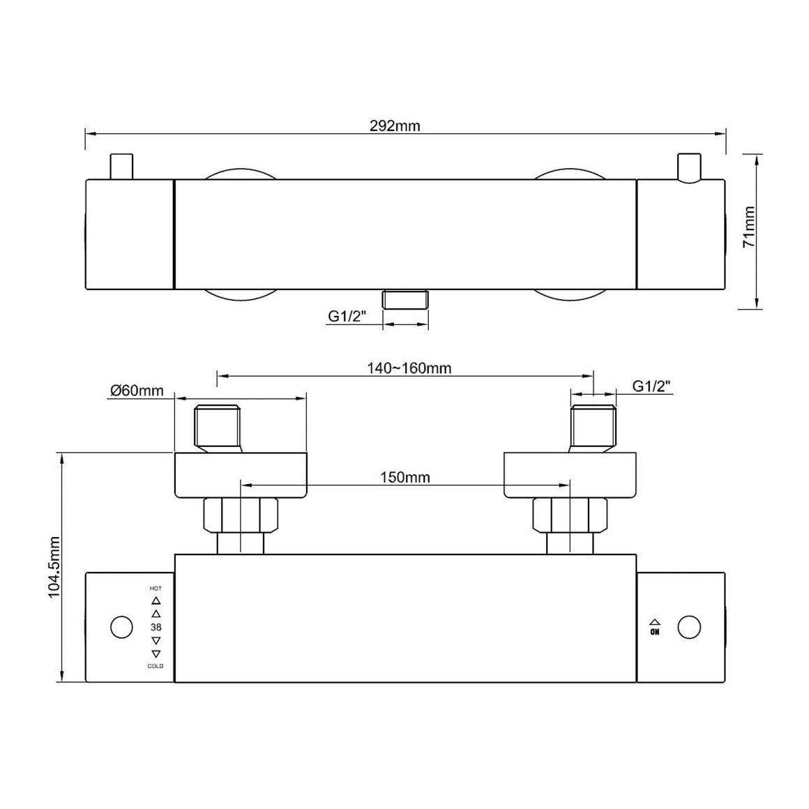 Wiesbaden Caral Cool Touch thermostatische douchemengkraan Mat zwart - technische tekening