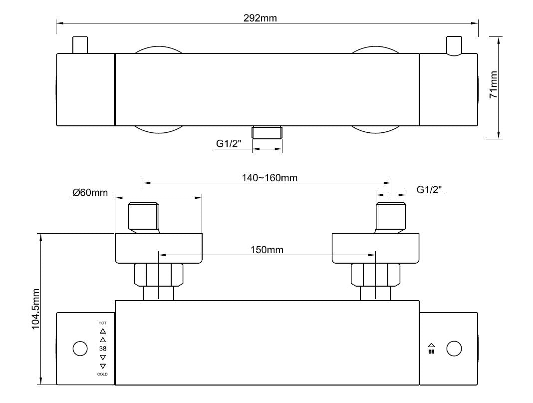 Wiesbaden Caral Cool Touch thermostatische douchemengkraan Mat zwart - technische tekening