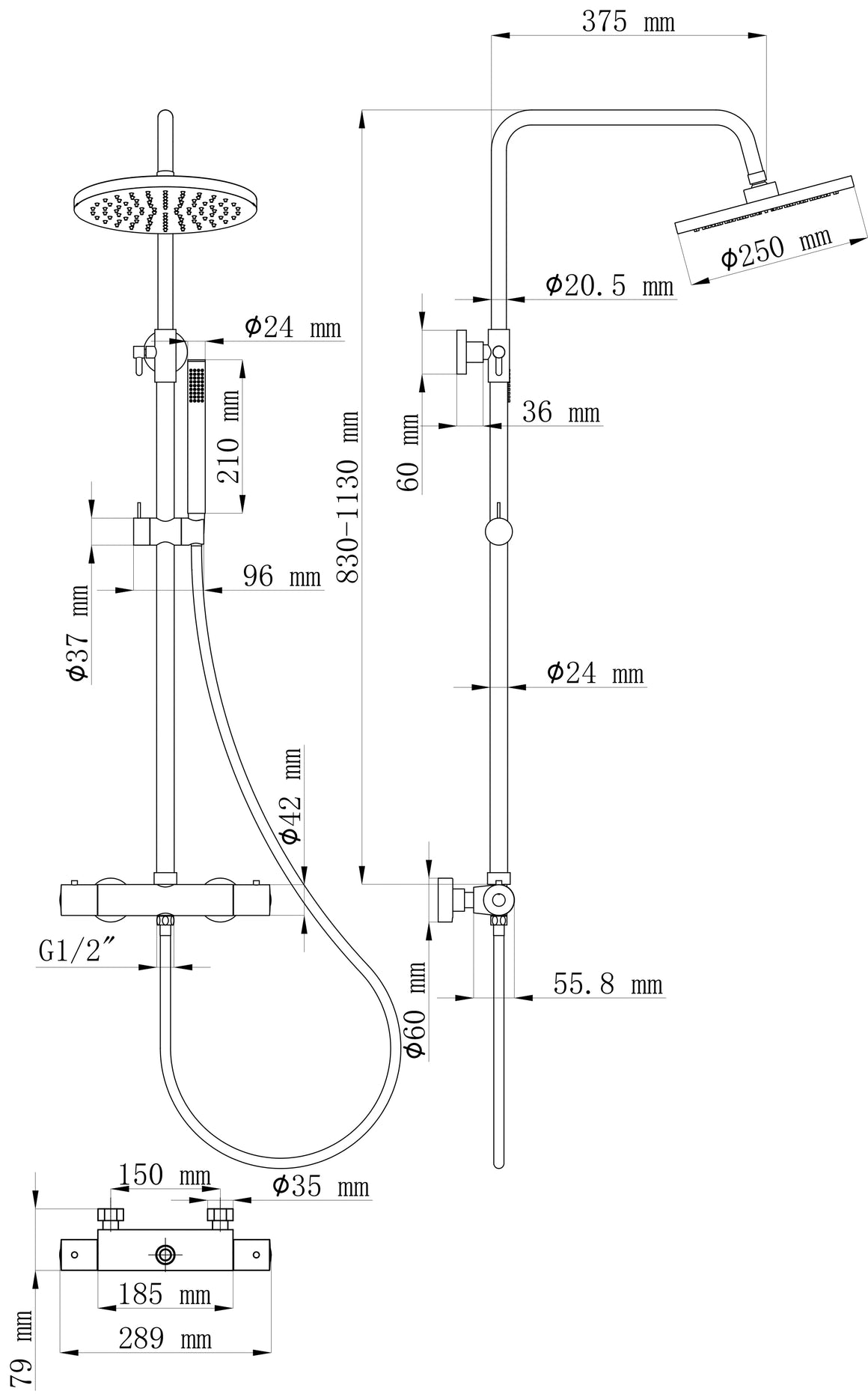 Wiesbaden Caral thermostatische regendoucheset opbouw geborsteld staal PVD - technische tekening
