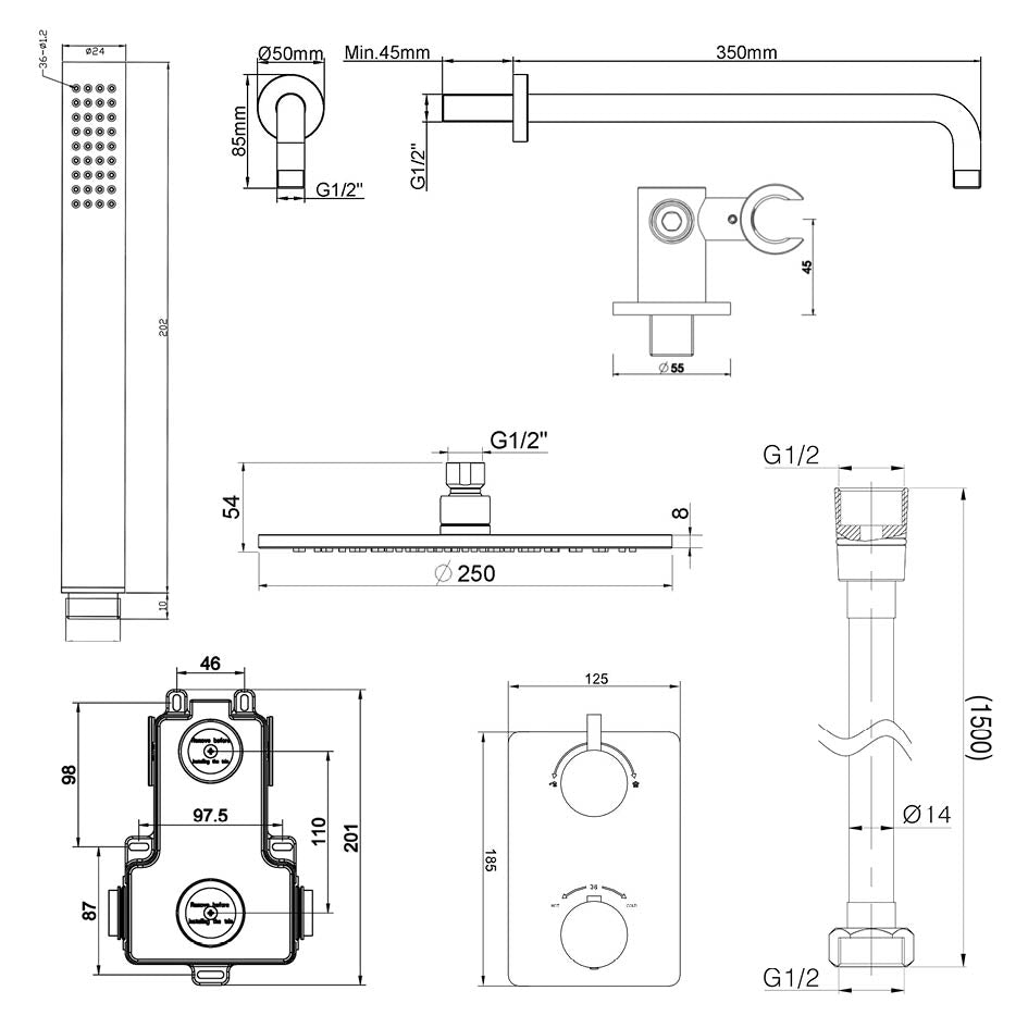Wiesbaden Caral inbouwthermostaat compleet met hoofddouche en staafhanddouche 25 cm / Chroom - technische tekening