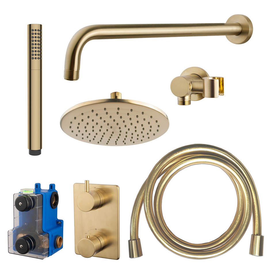 Wiesbaden Caral inbouwthermostaat compleet met hoofddouche en staafhanddouche 25 cm / Geborsteld messing - productfoto