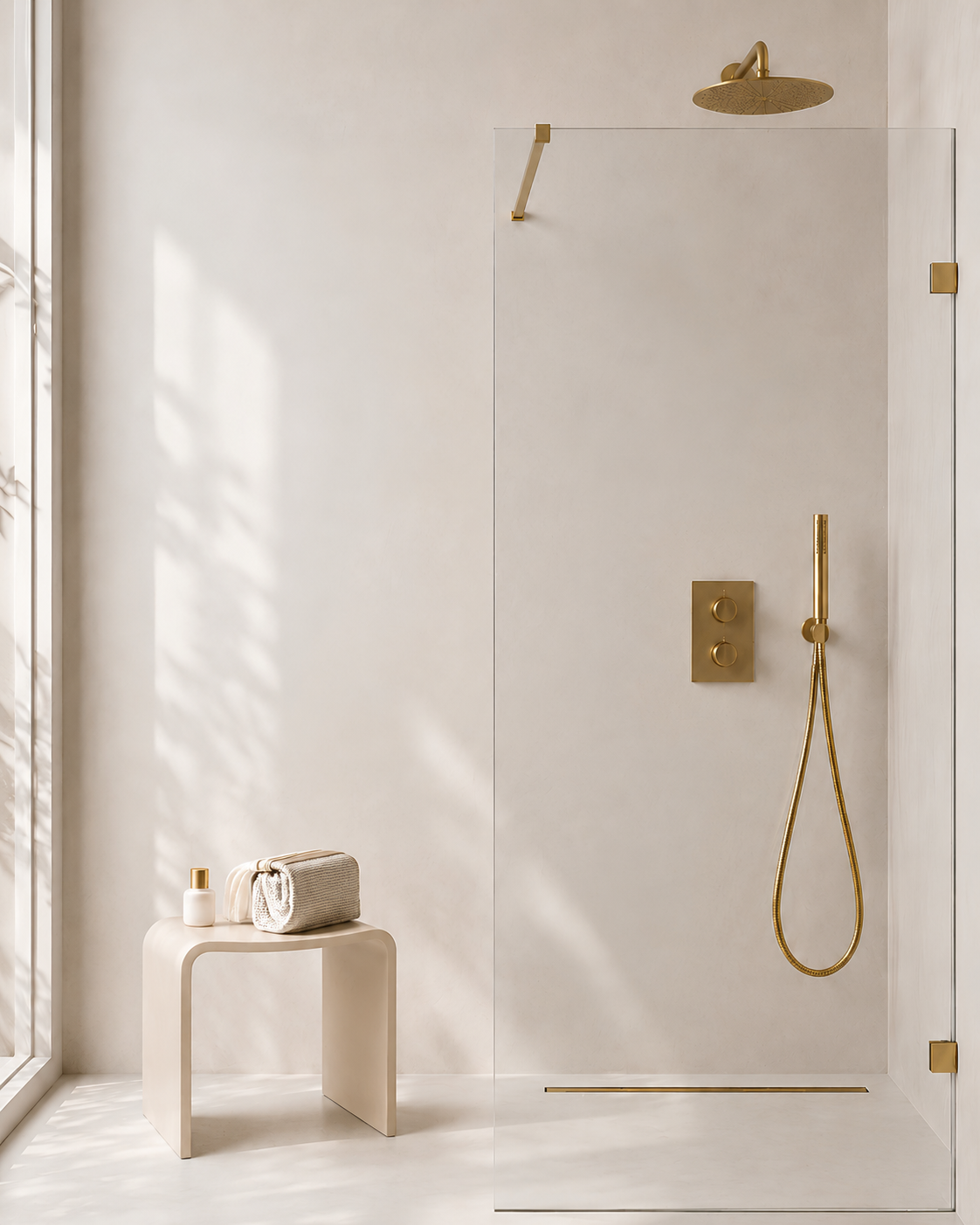 Wiesbaden Caral inbouwthermostaat compleet met hoofddouche en staafhanddouche 25 cm / Geborsteld messing - detailfoto