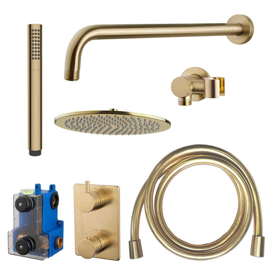 Wiesbaden Caral inbouwthermostaat compleet met hoofddouche en staafhanddouche 30 cm / Geborsteld messing - productfoto