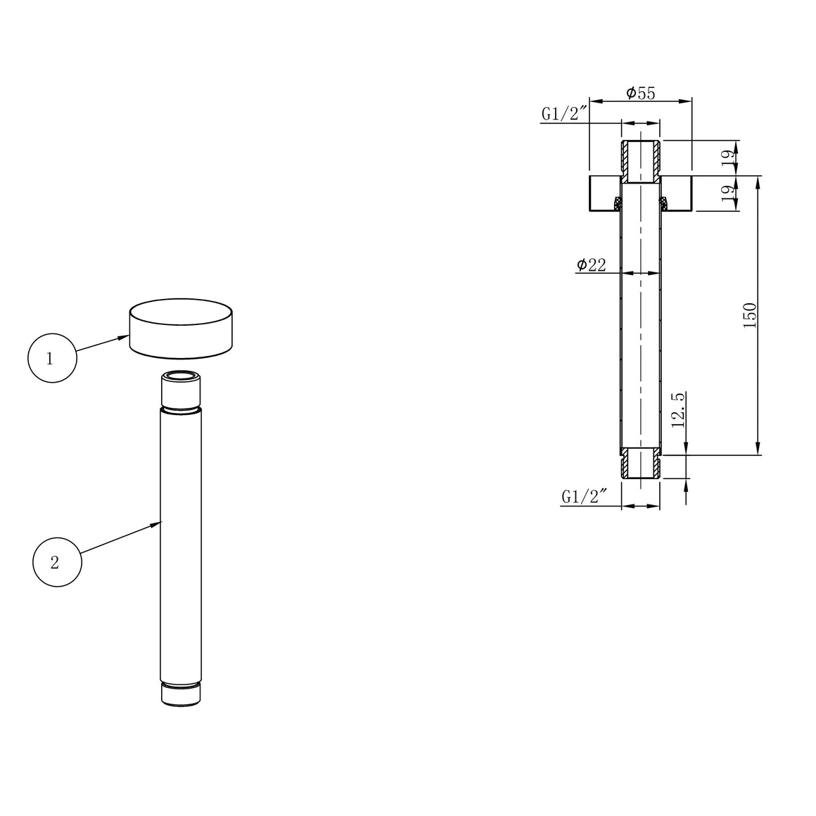 Wiesbaden UniMatch douchearm met plafondbevestiging PVD 15 cm - technische tekening