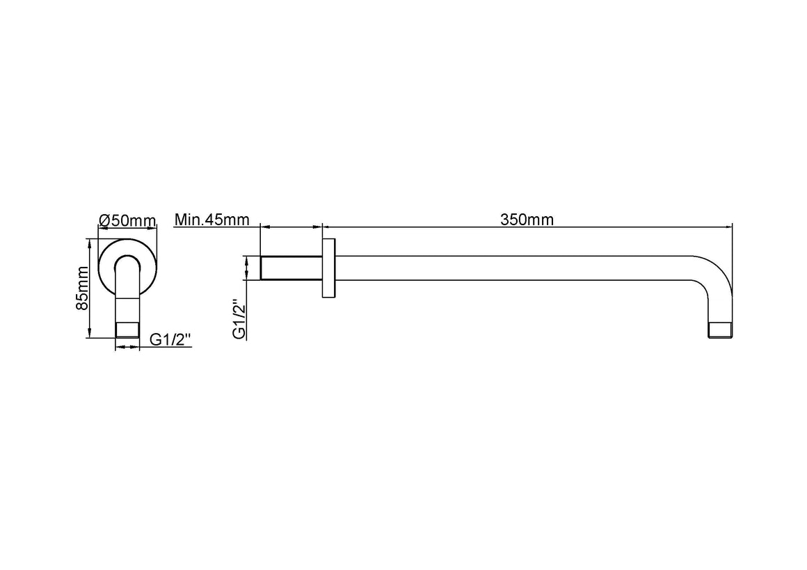 Wiesbaden UniMatch douchearm met muurbevestiging 35 cm / Chroom - technische tekening