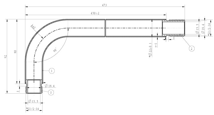 Wiesbaden UniMatch douchearm met muurbevestiging 45 cm / Chroom - technische tekening