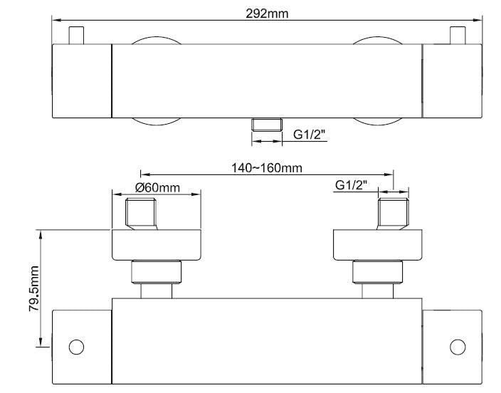 Wiesbaden Caral Cool Touch thermostatische douchemengkraan Chroom - technische tekening