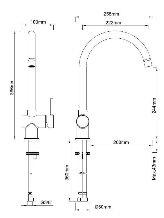 Wiesbaden Caral keukenmengkraan Chroom - technische tekening
