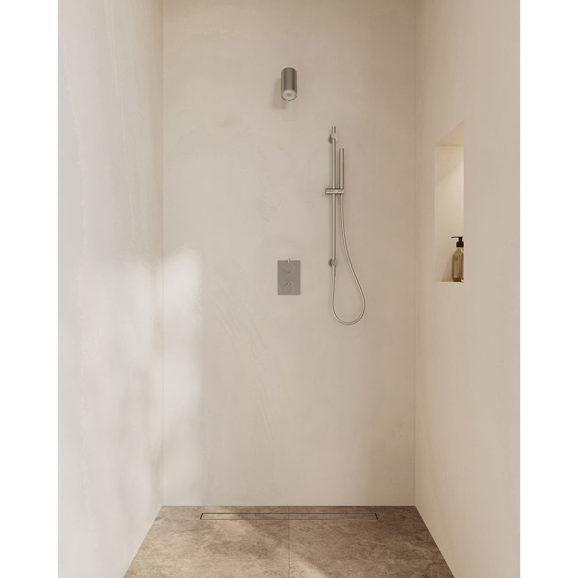 Wiesbaden Caral inbouw regendoucheset thermostatisch 2-weg rechthoekig met Beam hoofddouche, glijstang en staafhanddouche Geborsteld staal - sfeerfoto set