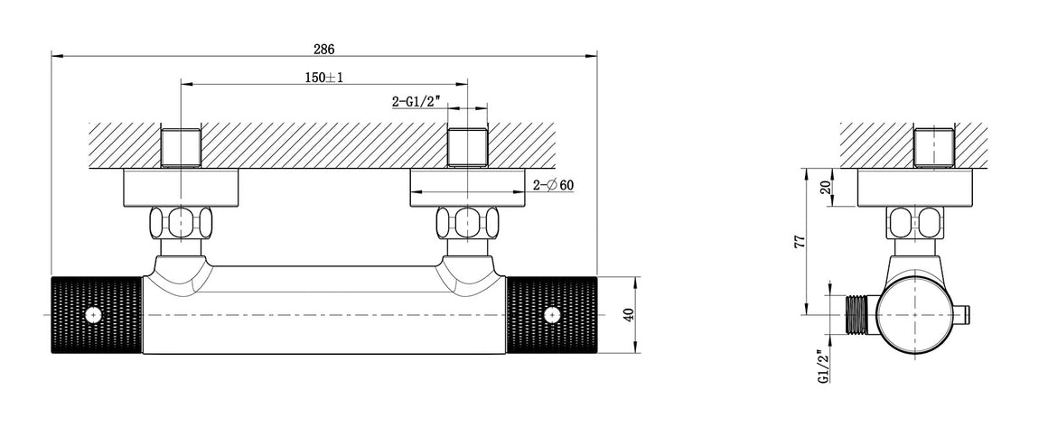 Wiesbaden Ribbd thermostatische douchemengkraan Mat zwart - technische tekening