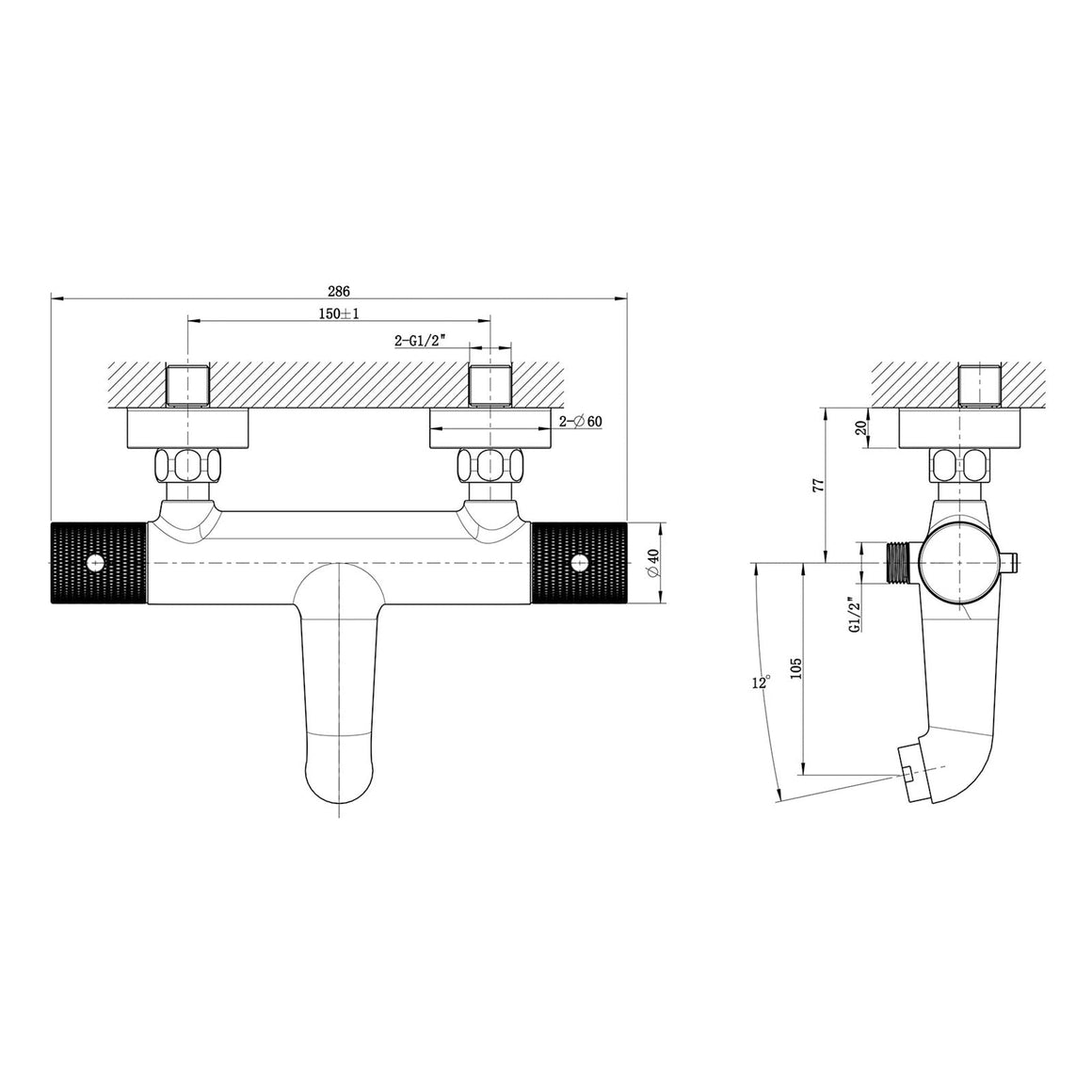 Wiesbaden Ribbd thermostatische badmengkraan Mat zwart - technische tekening