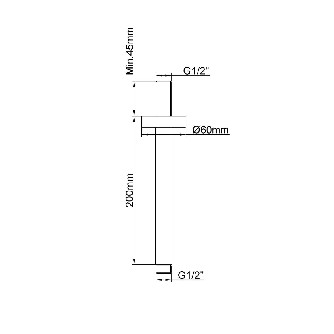 Wiesbaden UniMatch douchearm met plafondbevestiging PVD 20 cm / Geborsteld messing - technische tekening