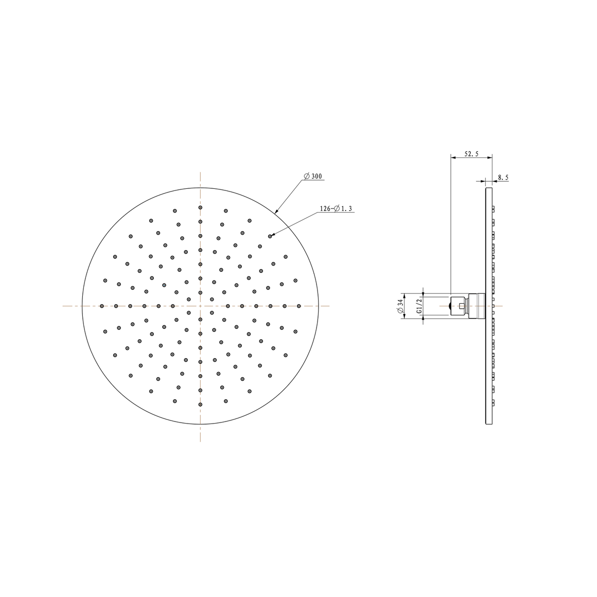 Wiesbaden UniMatch hoofddouche rond PVD 30 x 0,8 cm / Geborsteld messing - technische tekening