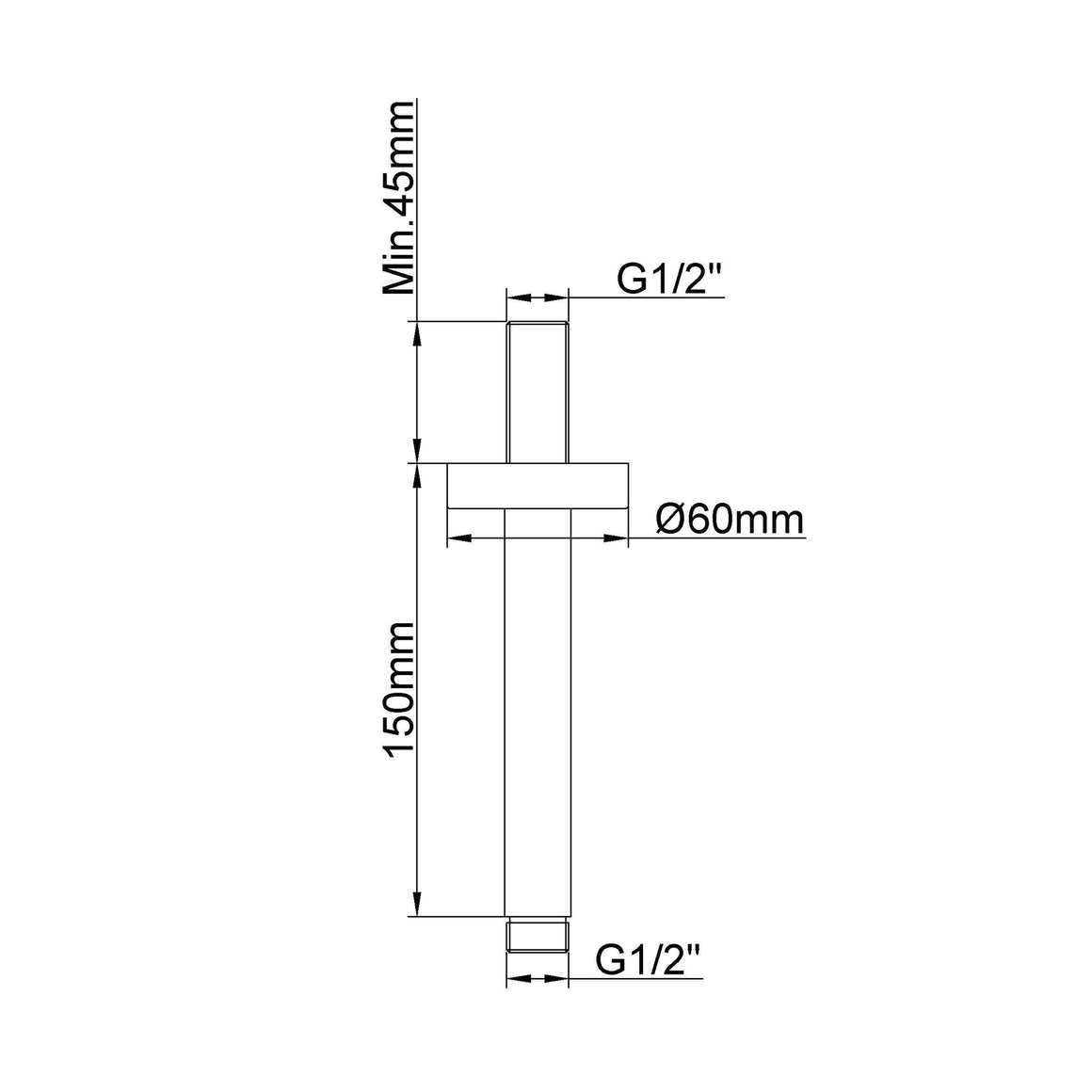 Wiesbaden UniMatch douchearm met plafondbevestiging PVD 15 cm / Geborsteld messing - technische tekening