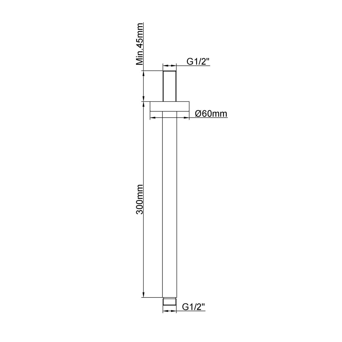 Wiesbaden UniMatch douchearm met plafondbevestiging PVD 30 cm / Geborsteld messing - technische tekening