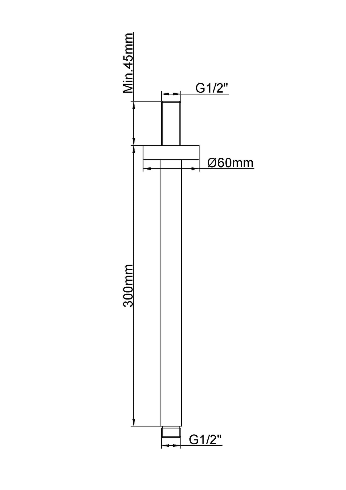 Wiesbaden UniMatch douchearm met plafondbevestiging PVD 30 cm / Geborsteld messing - technische tekening
