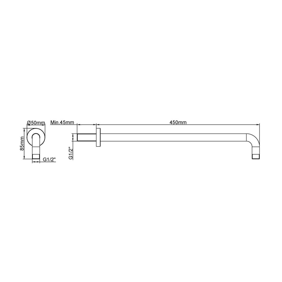 Wiesbaden UniMatch douchearm met muurbevestiging PVD 45 cm / Geborsteld messing - technische tekening