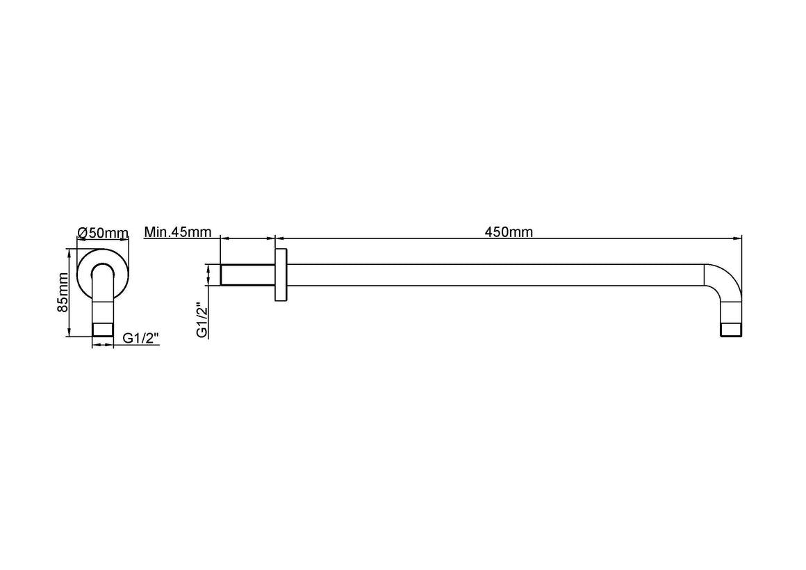 Wiesbaden UniMatch douchearm met muurbevestiging PVD 45 cm / Geborsteld messing - technische tekening