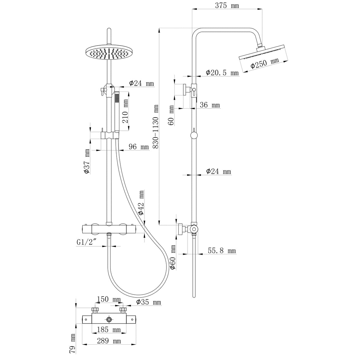 Wiesbaden Caral thermostatische regendoucheset opbouw Geborsteld messing - technische tekening