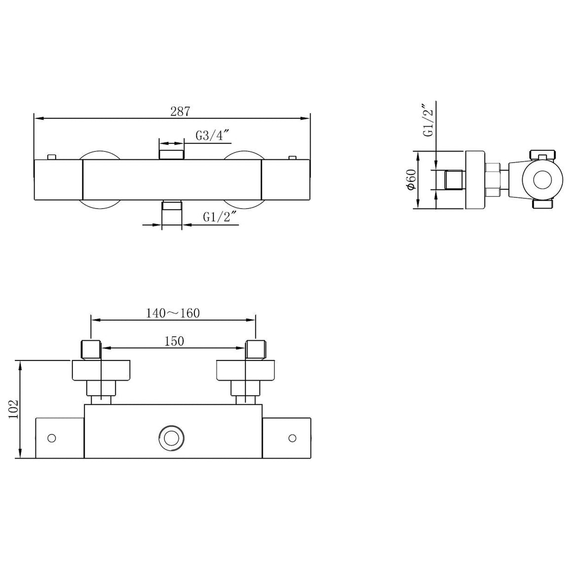 Wiesbaden Caral thermostaatkraan voor thermostatische regendoucheset opbouw Chroom - technische tekening