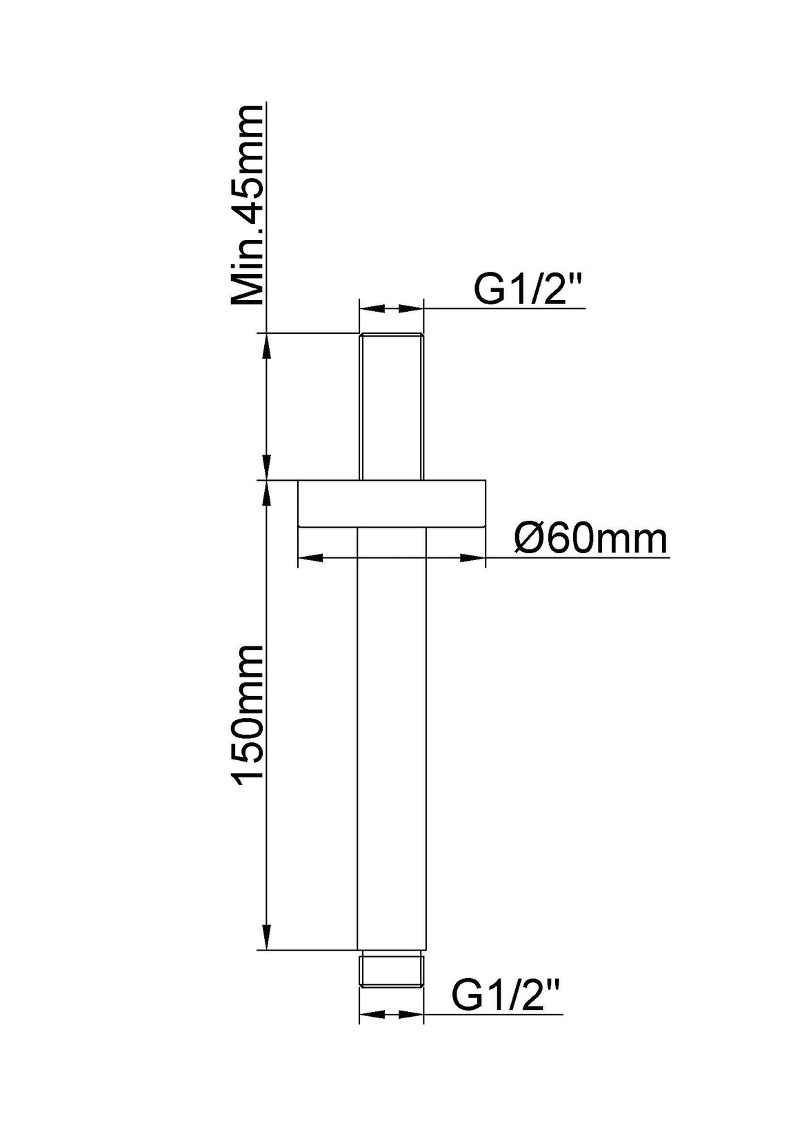 Wiesbaden UniMatch douchearm met plafondbevestiging 15 cm / Geborsteld koper - technische tekening