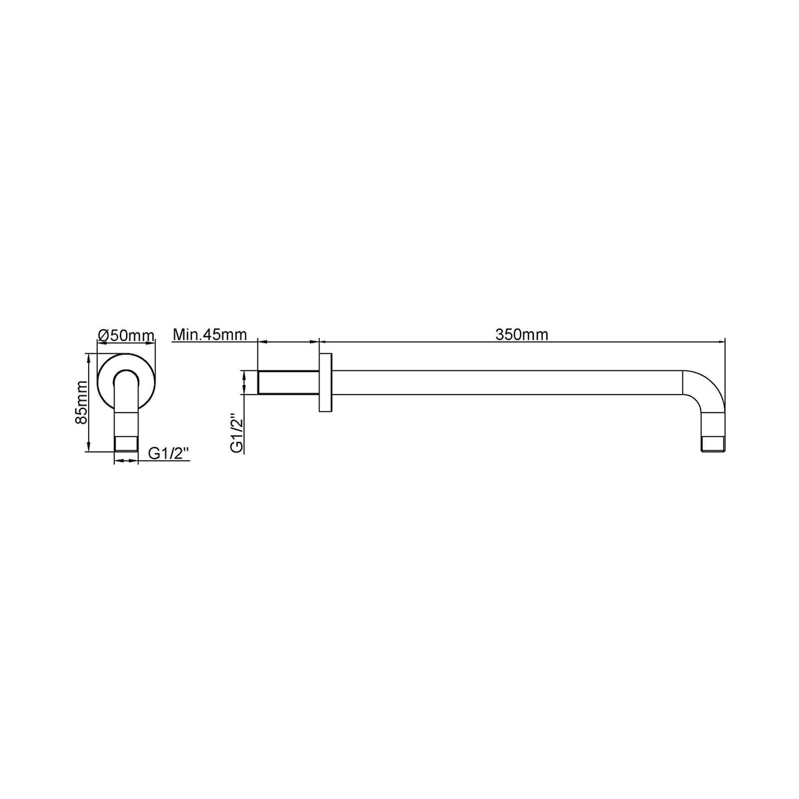 Wiesbaden UniMatch douchearm met muurbevestiging 35 cm / Geborsteld koper - technische tekening