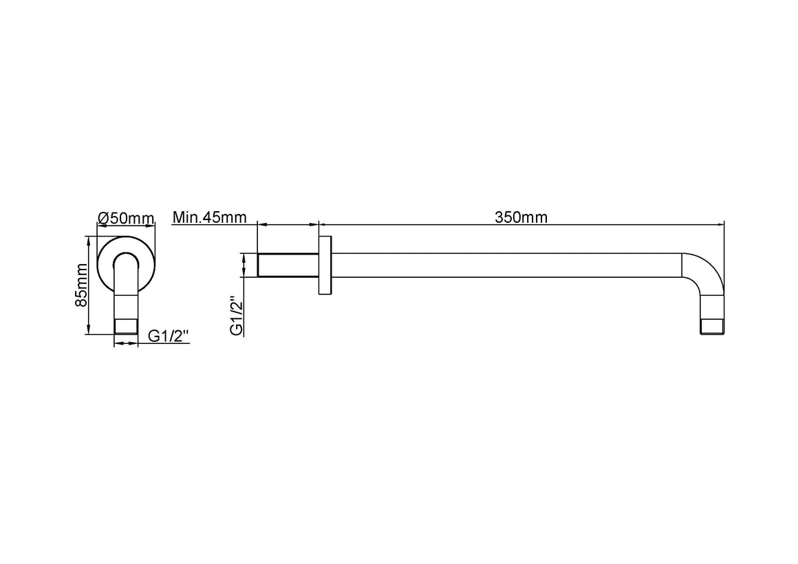 Wiesbaden UniMatch douchearm met muurbevestiging 35 cm / Geborsteld koper - technische tekening
