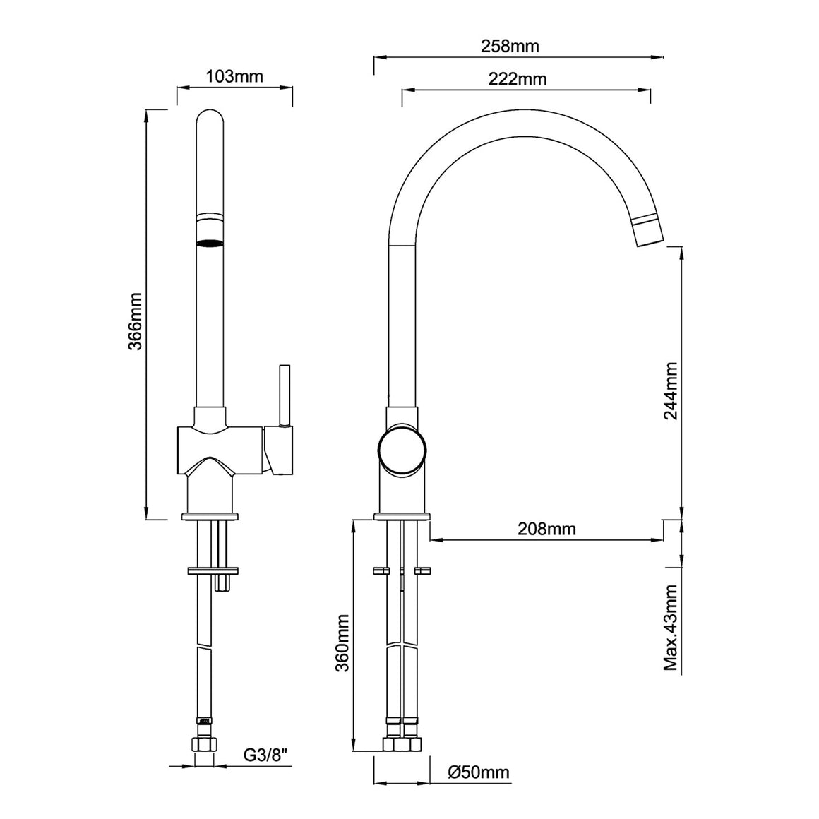 Wiesbaden Caral keukenmengkraan Gunmetal - technische tekening
