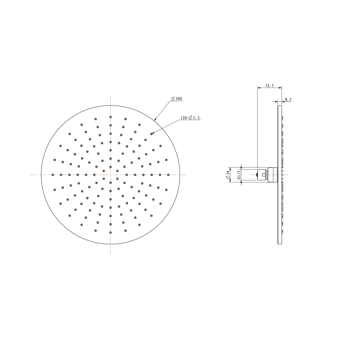 Wiesbaden UniMatch hoofddouche rond PVD 30 x 0,8 cm / Gunmetal - technische tekening