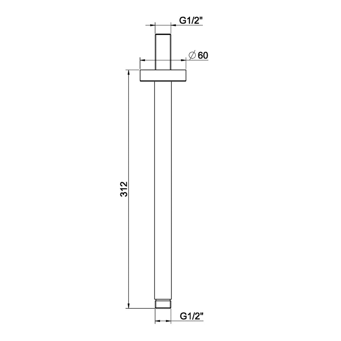 Wiesbaden UniMatch douchearm met plafondbevestiging PVD 30 cm / Gunmetal - technische tekening