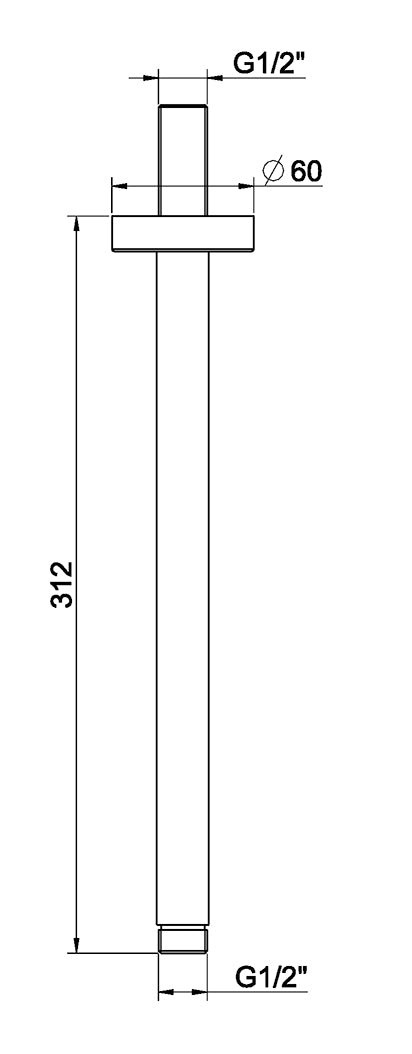 Wiesbaden UniMatch douchearm met plafondbevestiging PVD 30 cm / Gunmetal - technische tekening