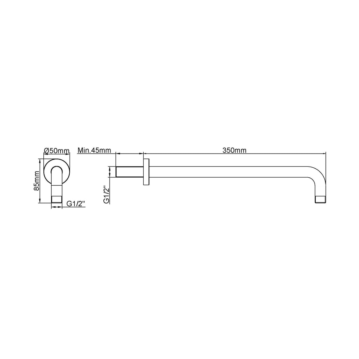 Wiesbaden UniMatch douchearm met muurbevestiging PVD 35 cm / Gunmetal - technische tekening
