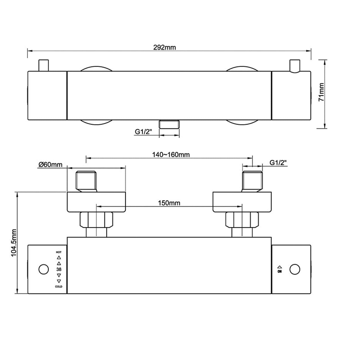 Wiesbaden Caral Cool Touch thermostatische douchemengkraan Gunmetal - technische tekening