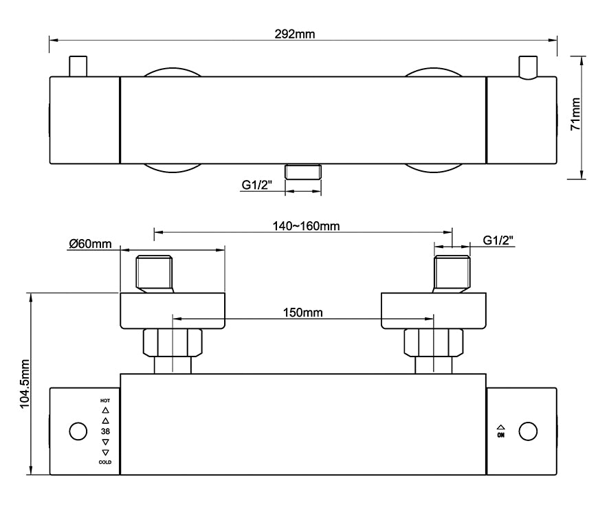 Wiesbaden Caral Cool Touch thermostatische douchemengkraan Gunmetal - technische tekening