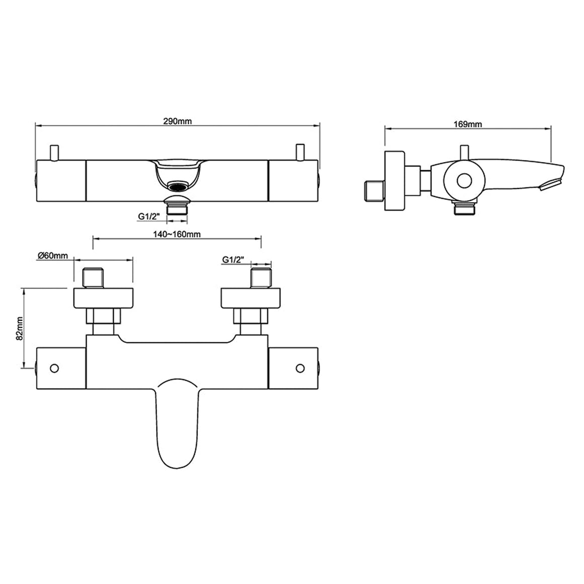 Wiesbaden Caral thermostatische badmengkraan Gunmetal - technische tekening