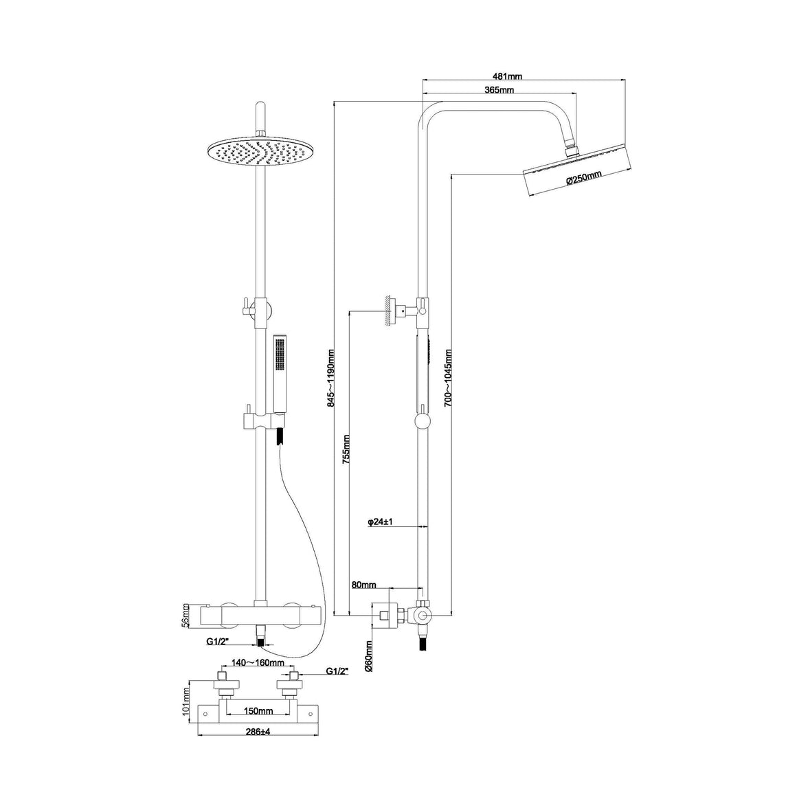 Wiesbaden Caral thermostatische regendoucheset opbouw Gunmetal - technische tekening